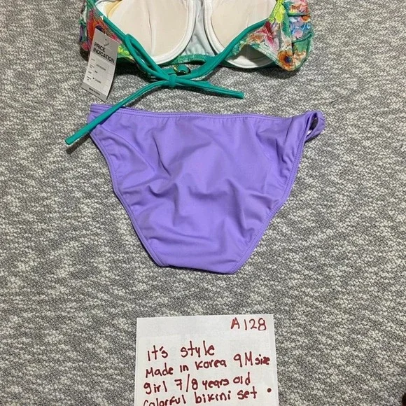 Colorful bikini set top/bottoms Made Korea 9M=girl 7-8 years old. SKU-A128 - Picture 3 of 6